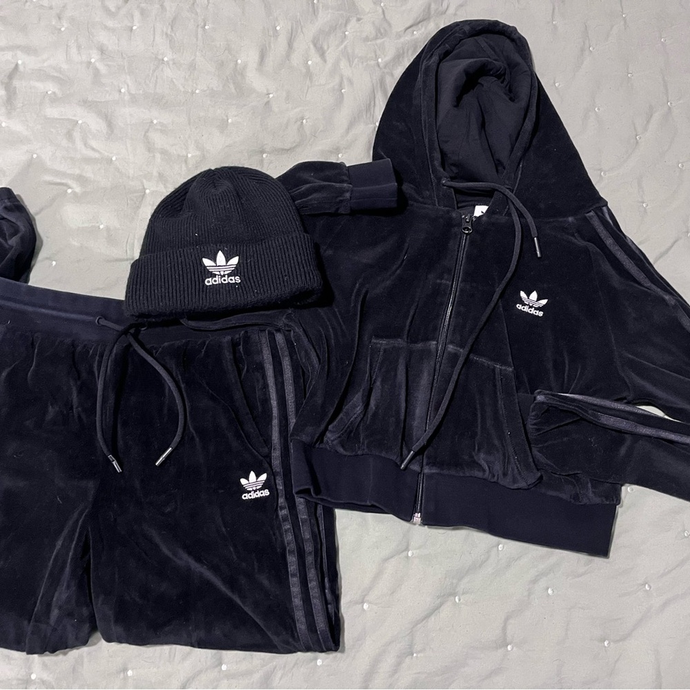 Adidas Black Velour Tracksuit with Beanie